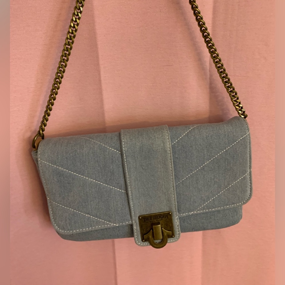 Denim True Religion shoulder bag with gold chain and brown shoulder strap